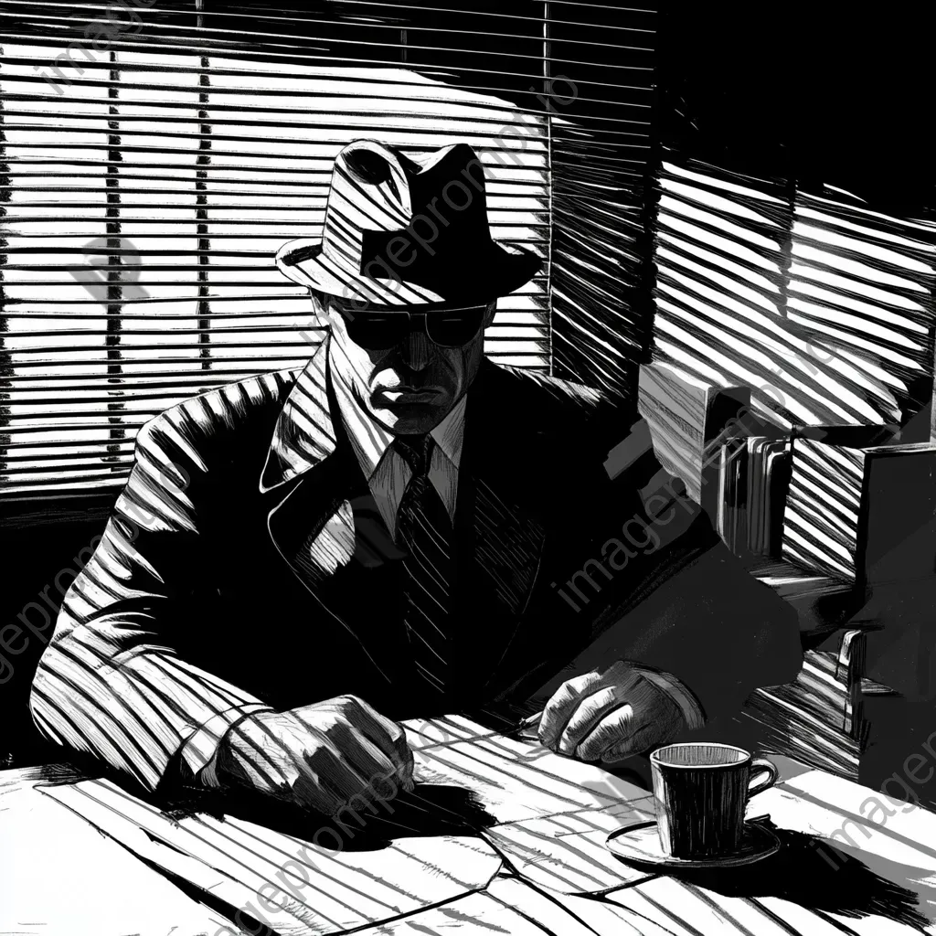 Line art drawing of a classic film noir detective in his office - Image 1