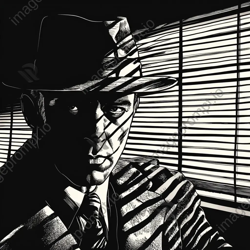 Line art drawing of a classic film noir detective in his office - Image 3