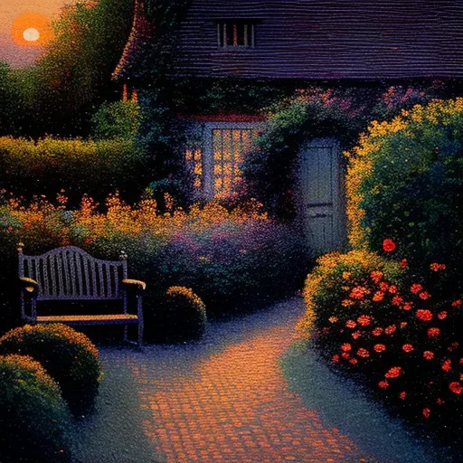 English Cottage Garden at Sunset - Cobblestone path, roses, lavender, wooden bench - Image 1