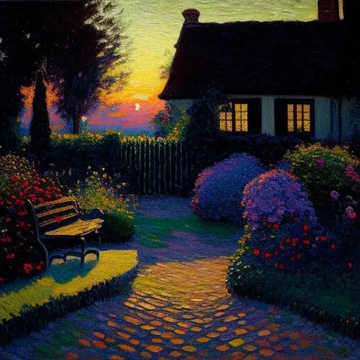 English Cottage Garden at Sunset - Cobblestone path, roses, lavender, wooden bench - Image 2