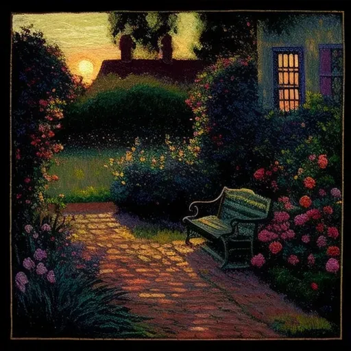 English Cottage Garden at Sunset - Cobblestone path, roses, lavender, wooden bench - Image 3