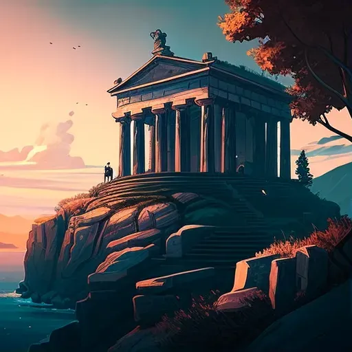 Image of a Greek temple standing on a hill overlooking the sea under a clear sky - Image 1