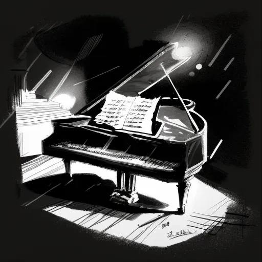 Grand piano under spotlight with fluttering sheet music in the air - Image 1