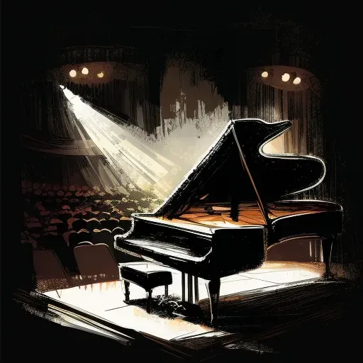 Grand piano under spotlight with fluttering sheet music in the air - Image 2