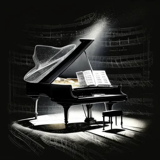 Grand piano under spotlight with fluttering sheet music in the air - Image 4