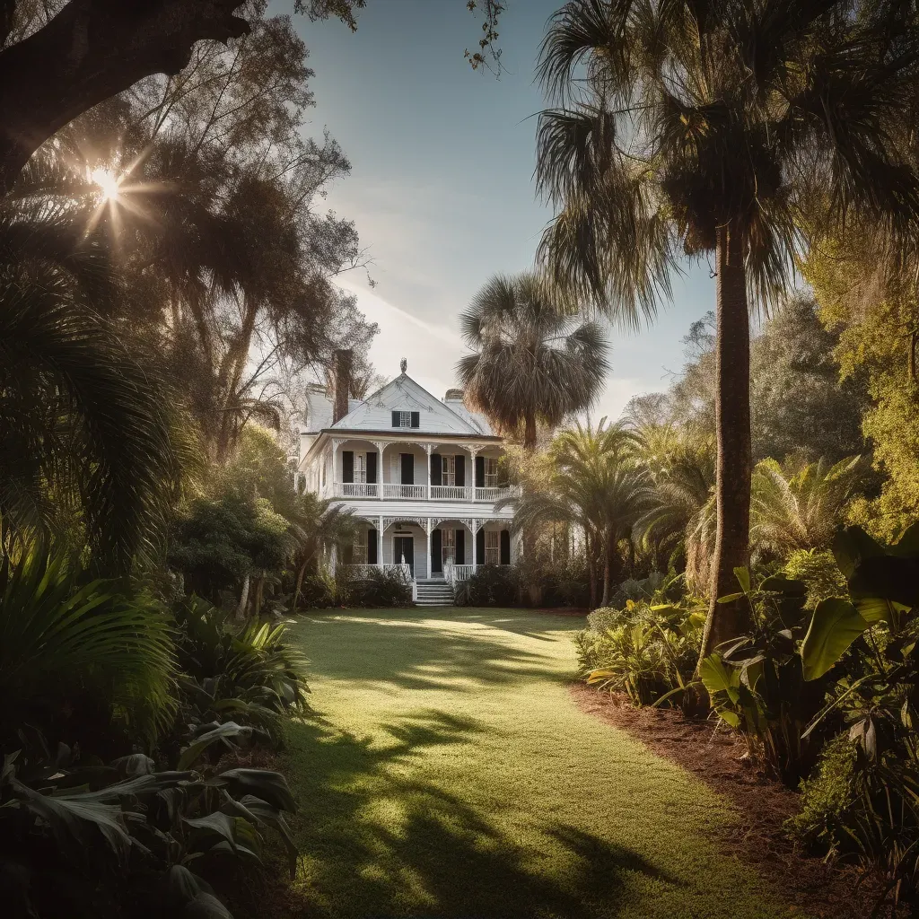 Colonial plantation house surrounded by gardens and palm trees in warm sunlight - Image 1