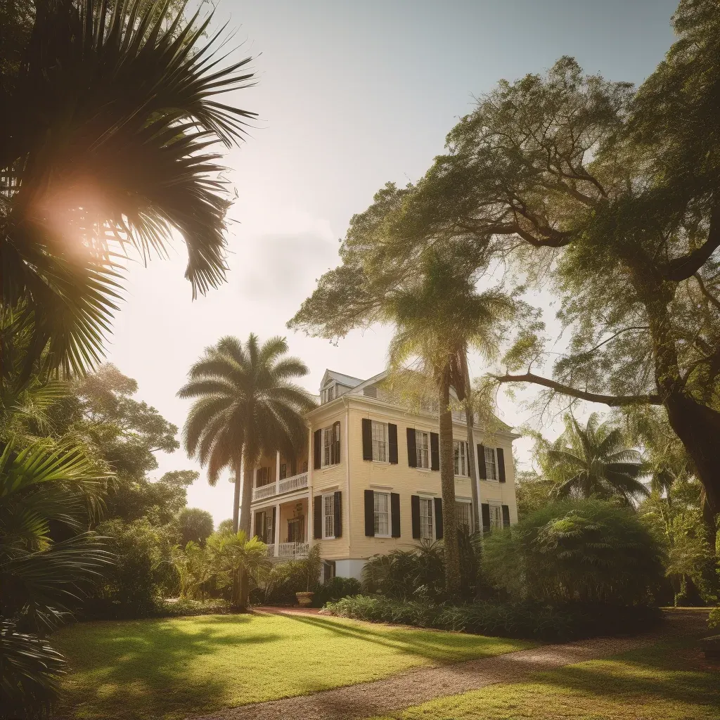 Colonial plantation house surrounded by gardens and palm trees in warm sunlight - Image 2