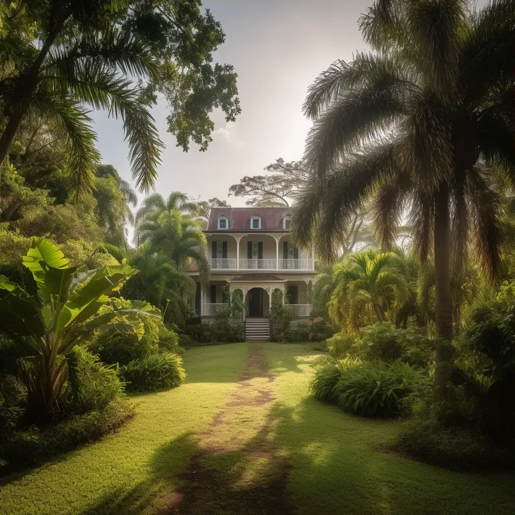 Colonial plantation house surrounded by gardens and palm trees in warm sunlight - Image 3