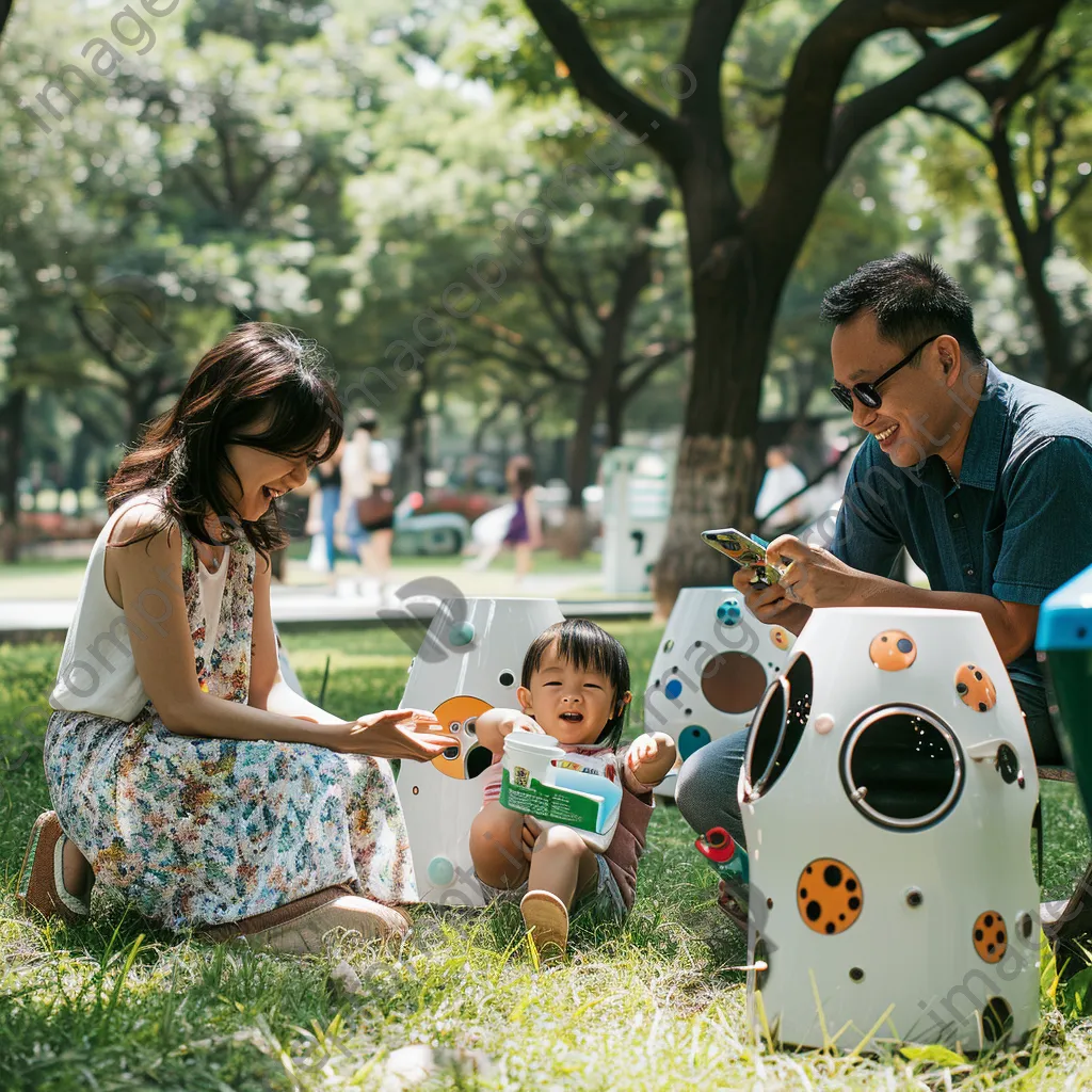 Family interacting with installations in a smart public park - Image 3