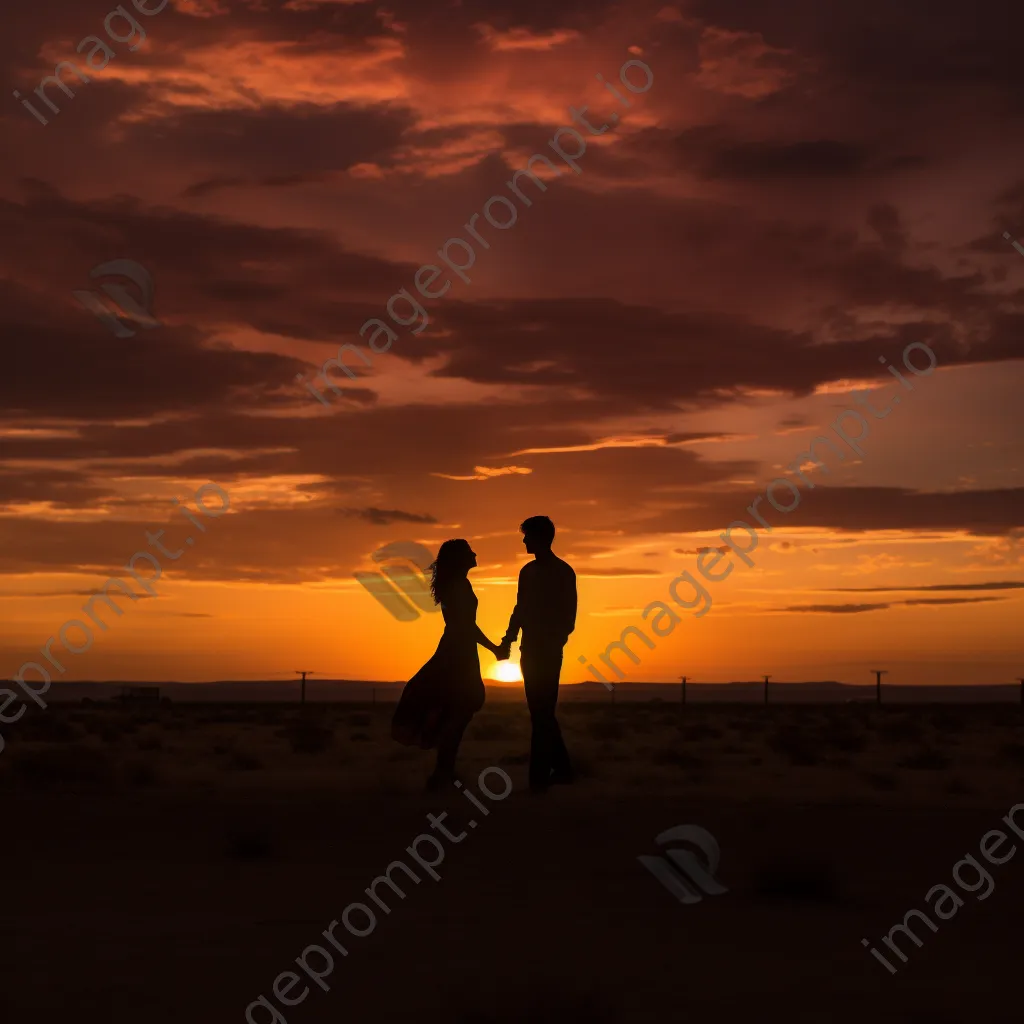 Couple holding hands silhouetted at sunset in black and white - Image 1