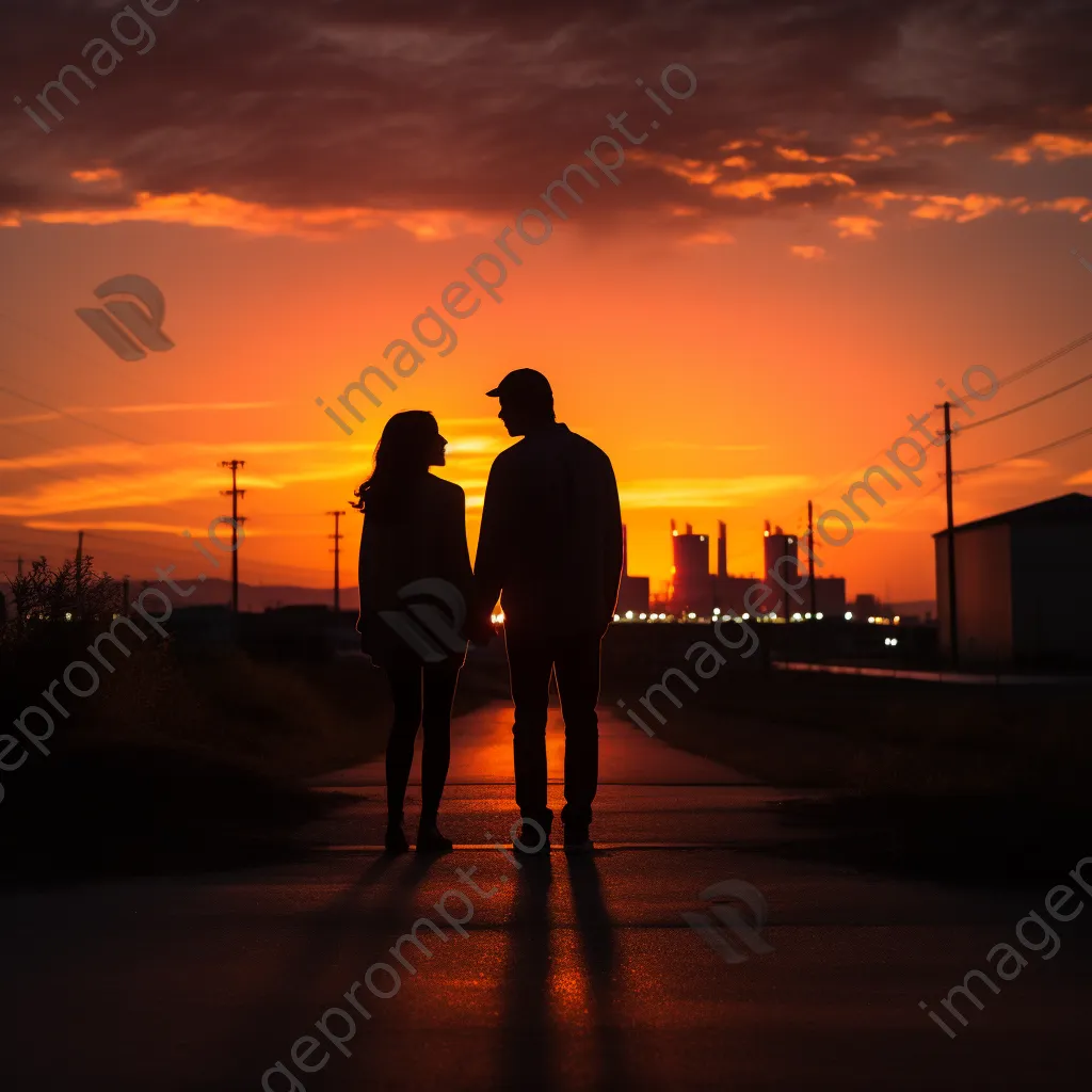 Couple holding hands silhouetted at sunset in black and white - Image 2