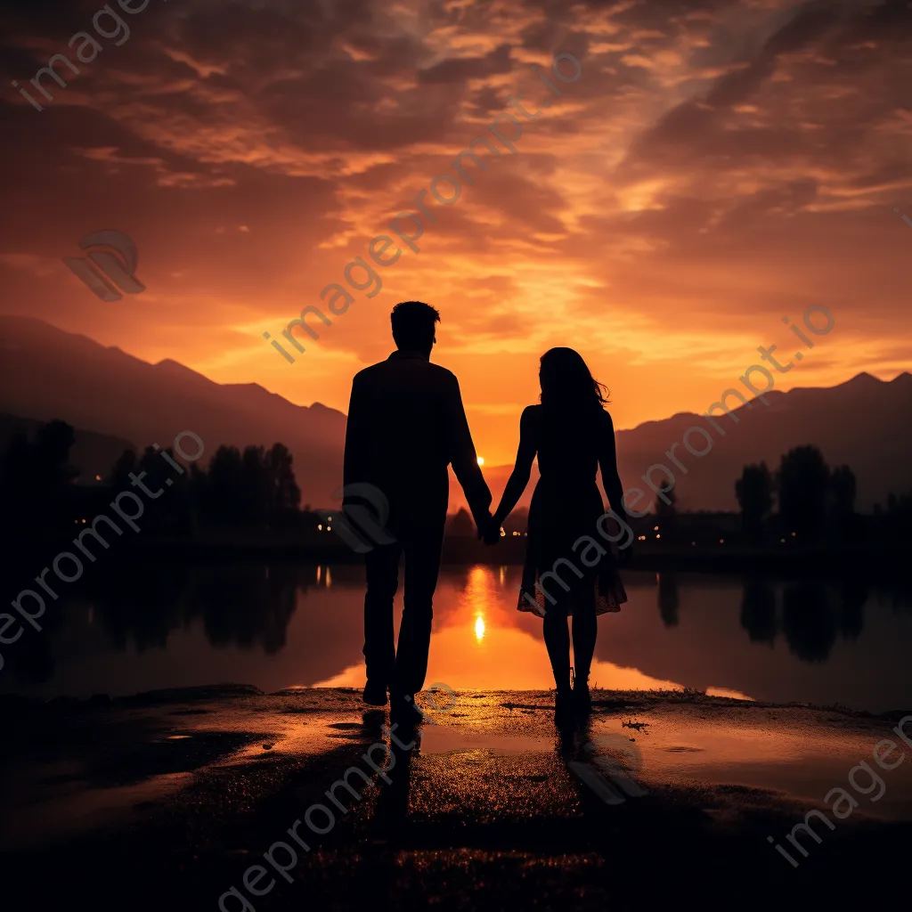 Couple holding hands silhouetted at sunset in black and white - Image 3