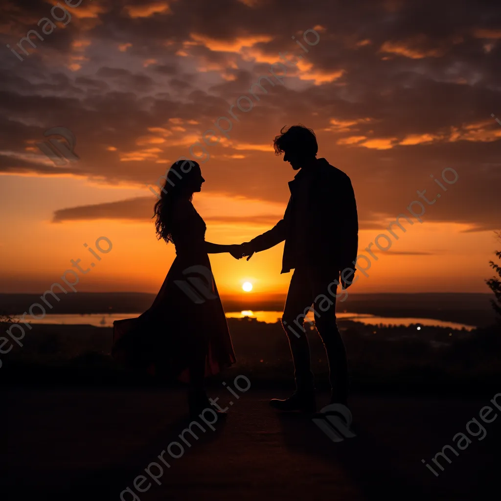 Couple holding hands silhouetted at sunset in black and white - Image 4