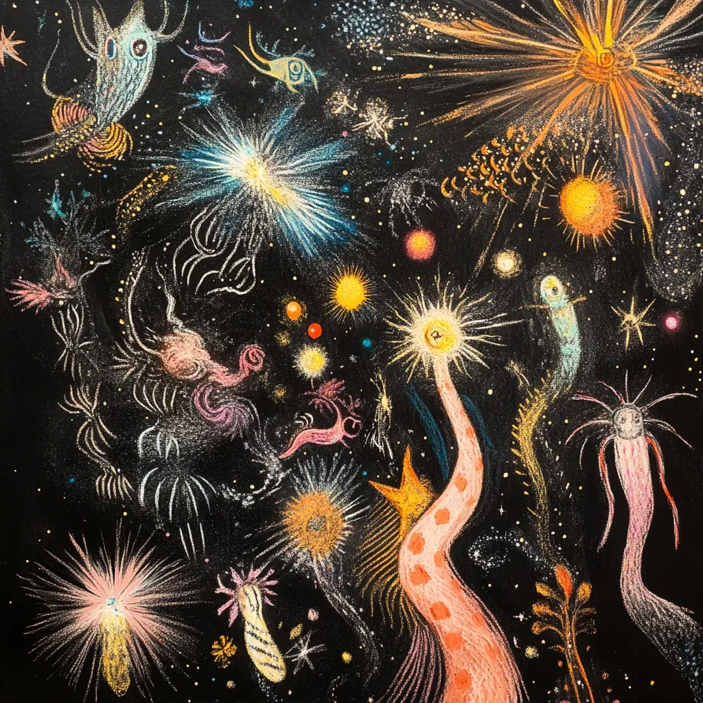 Ethereal pastel sketch of whimsical dream creatures dancing amidst shimmering stardust on black paper - Image 1