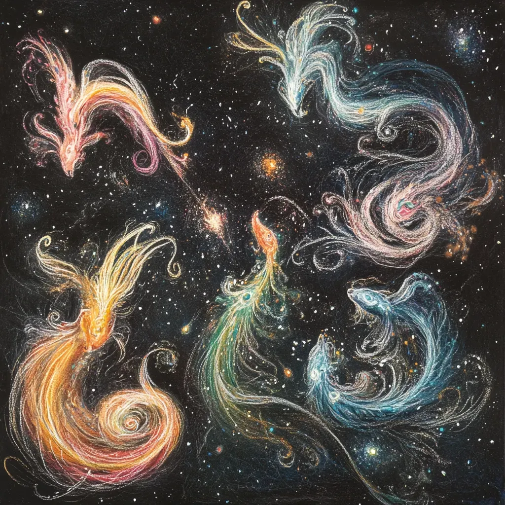 Ethereal pastel sketch of whimsical dream creatures dancing amidst shimmering stardust on black paper - Image 2