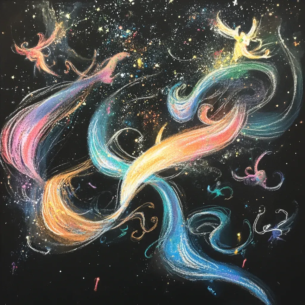 Ethereal pastel sketch of whimsical dream creatures dancing amidst shimmering stardust on black paper - Image 4