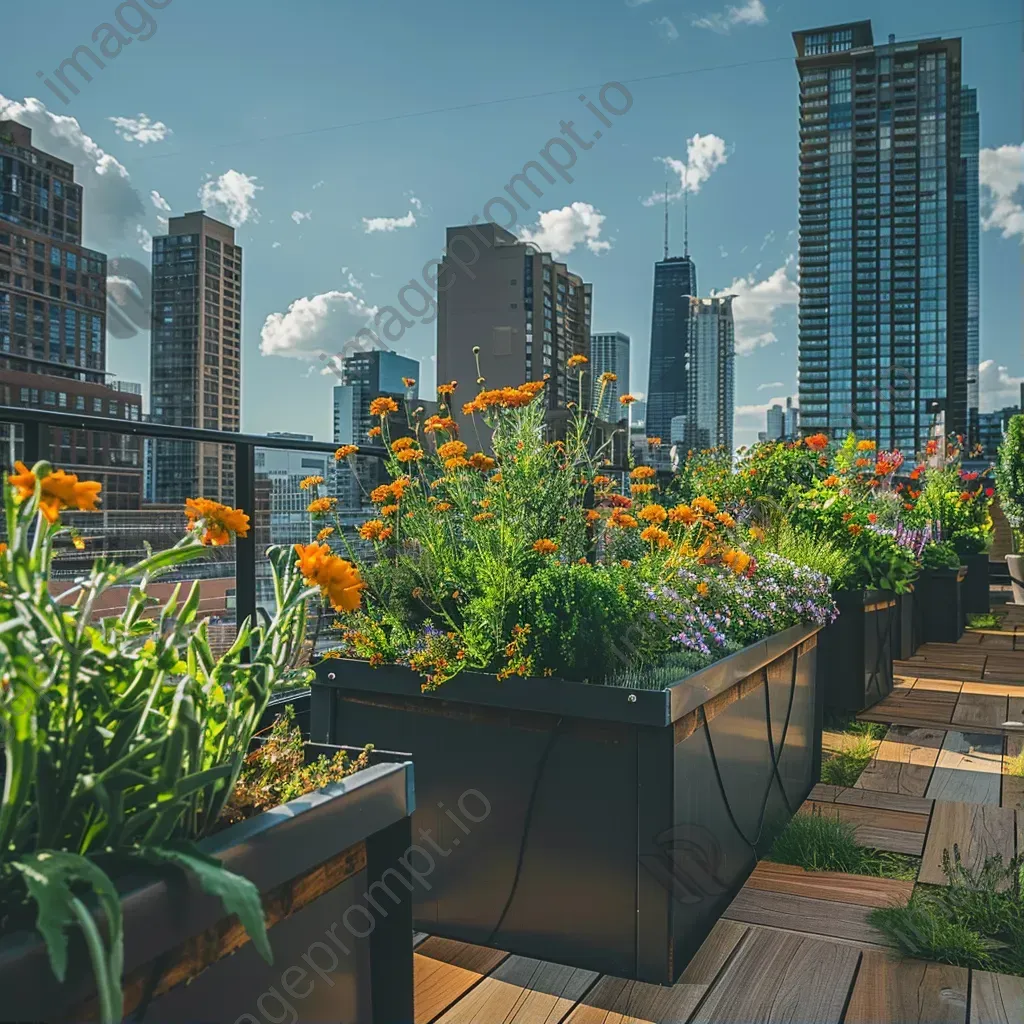 Top-down view of an urban rooftop garden with planters, flowers, and city skyline - Image 1