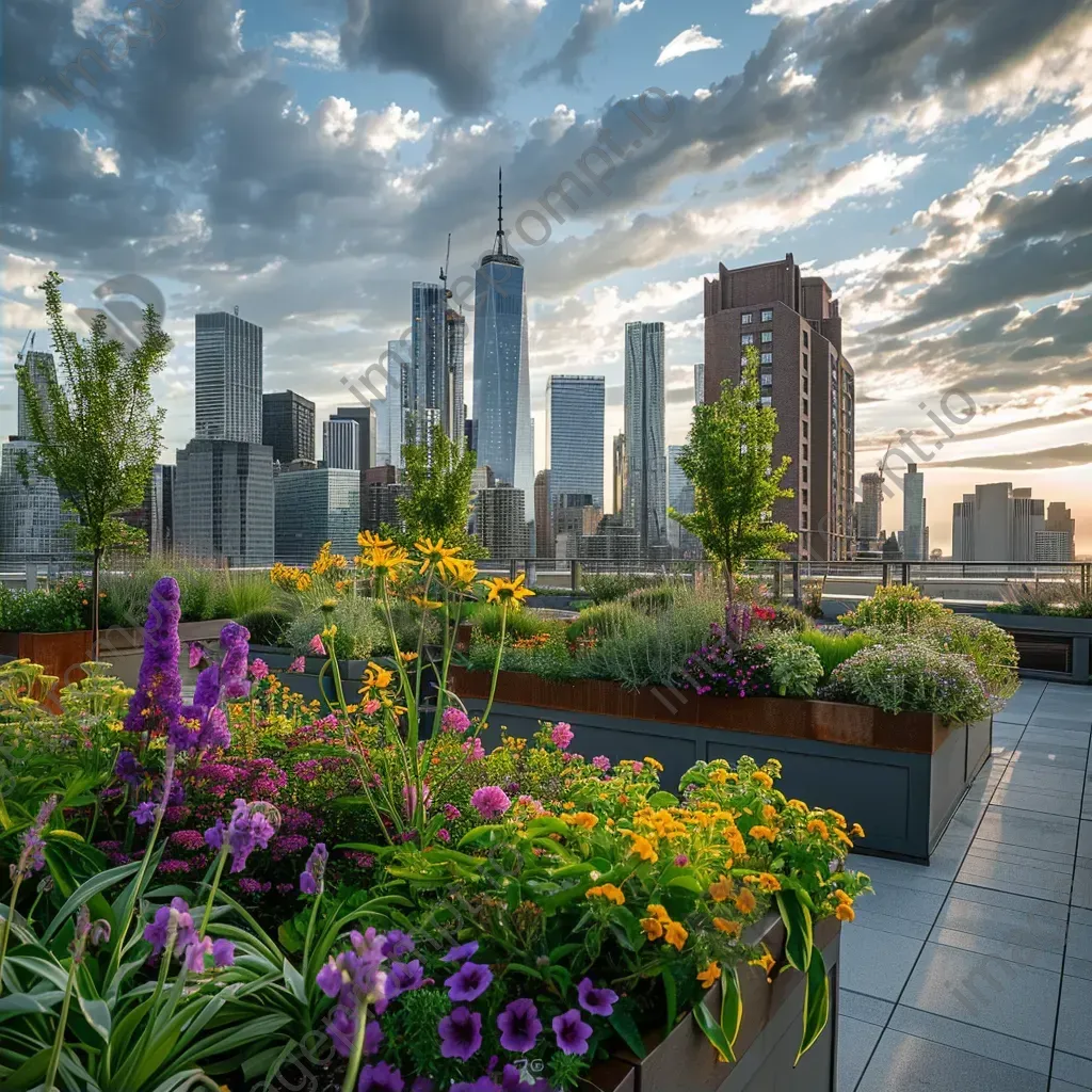 Top-down view of an urban rooftop garden with planters, flowers, and city skyline - Image 2