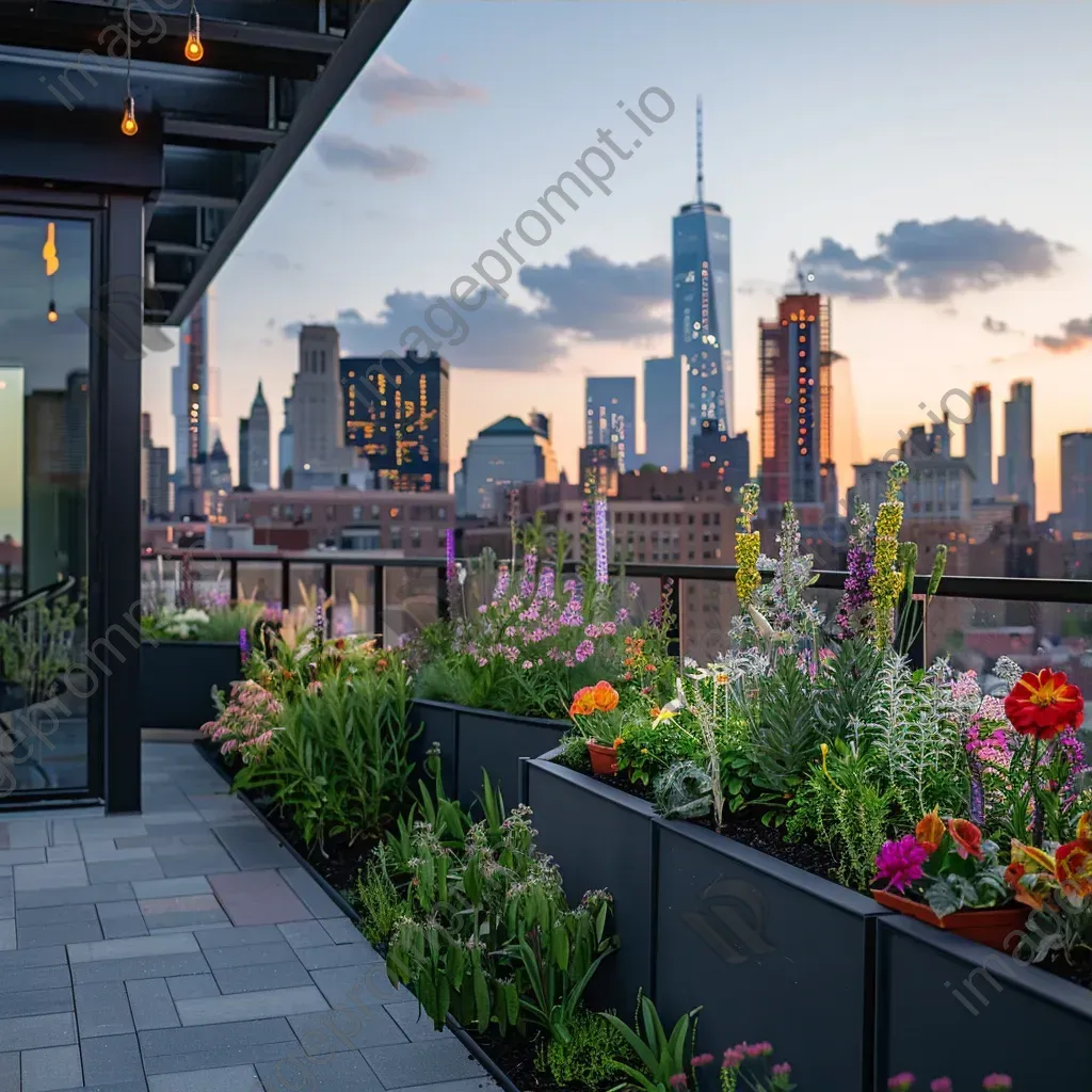 Top-down view of an urban rooftop garden with planters, flowers, and city skyline - Image 3