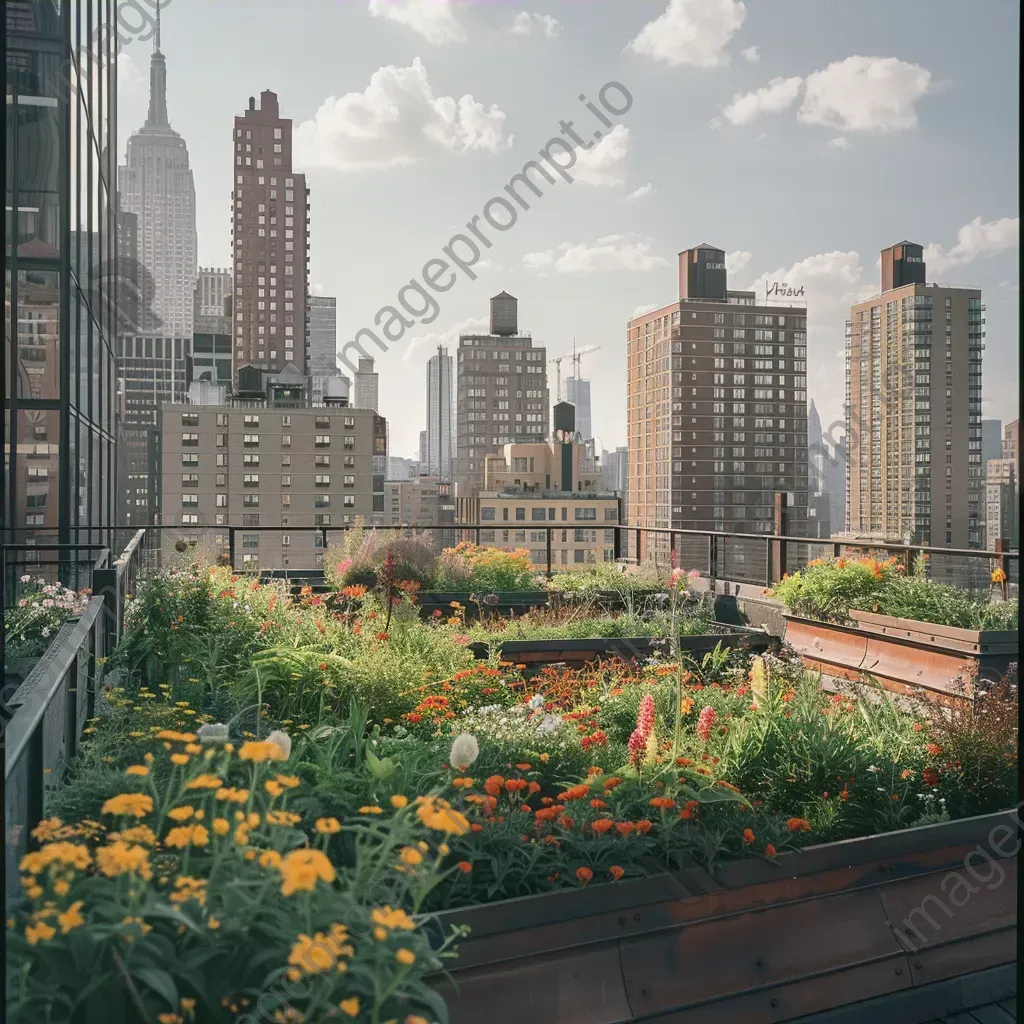 Top-down view of an urban rooftop garden with planters, flowers, and city skyline - Image 4