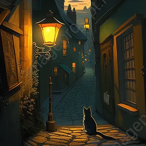 Illustration of old town street under vintage lantern glow - Image 3