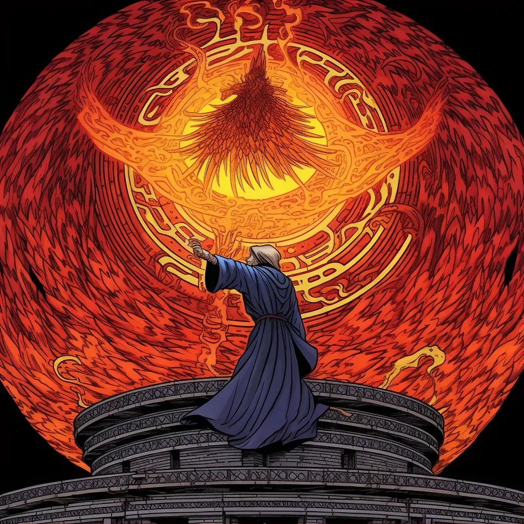 Artistic representation of young sorcerer summoning phoenix with ancient runes - Image 1