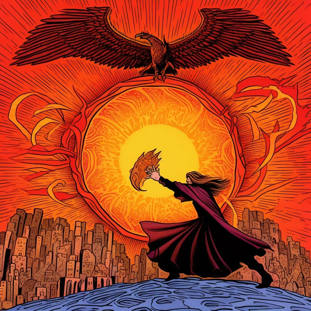 Artistic representation of young sorcerer summoning phoenix with ancient runes - Image 4