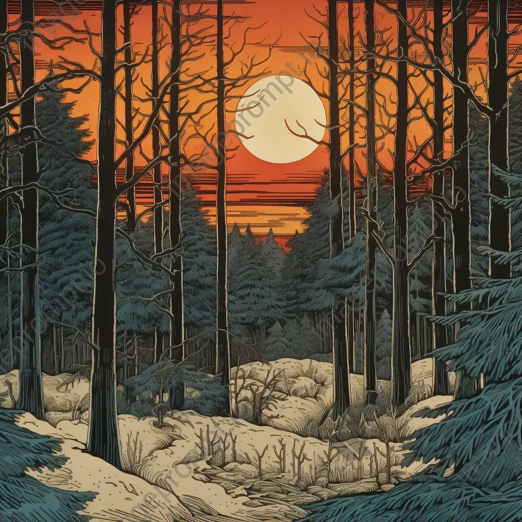 Woodcut print of a winter forest bathed in a warm sunset glow - Image 1