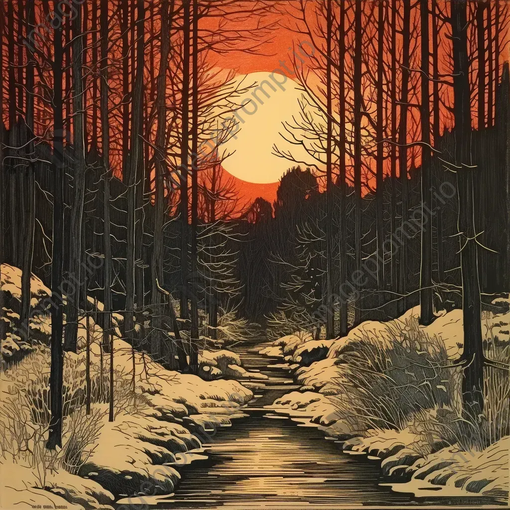 Woodcut print of a winter forest bathed in a warm sunset glow - Image 3