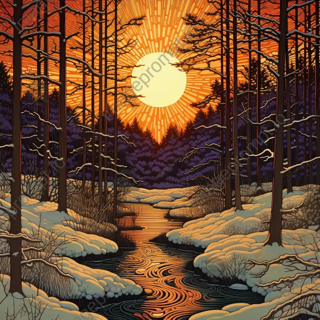 Woodcut print of a winter forest bathed in a warm sunset glow - Image 4