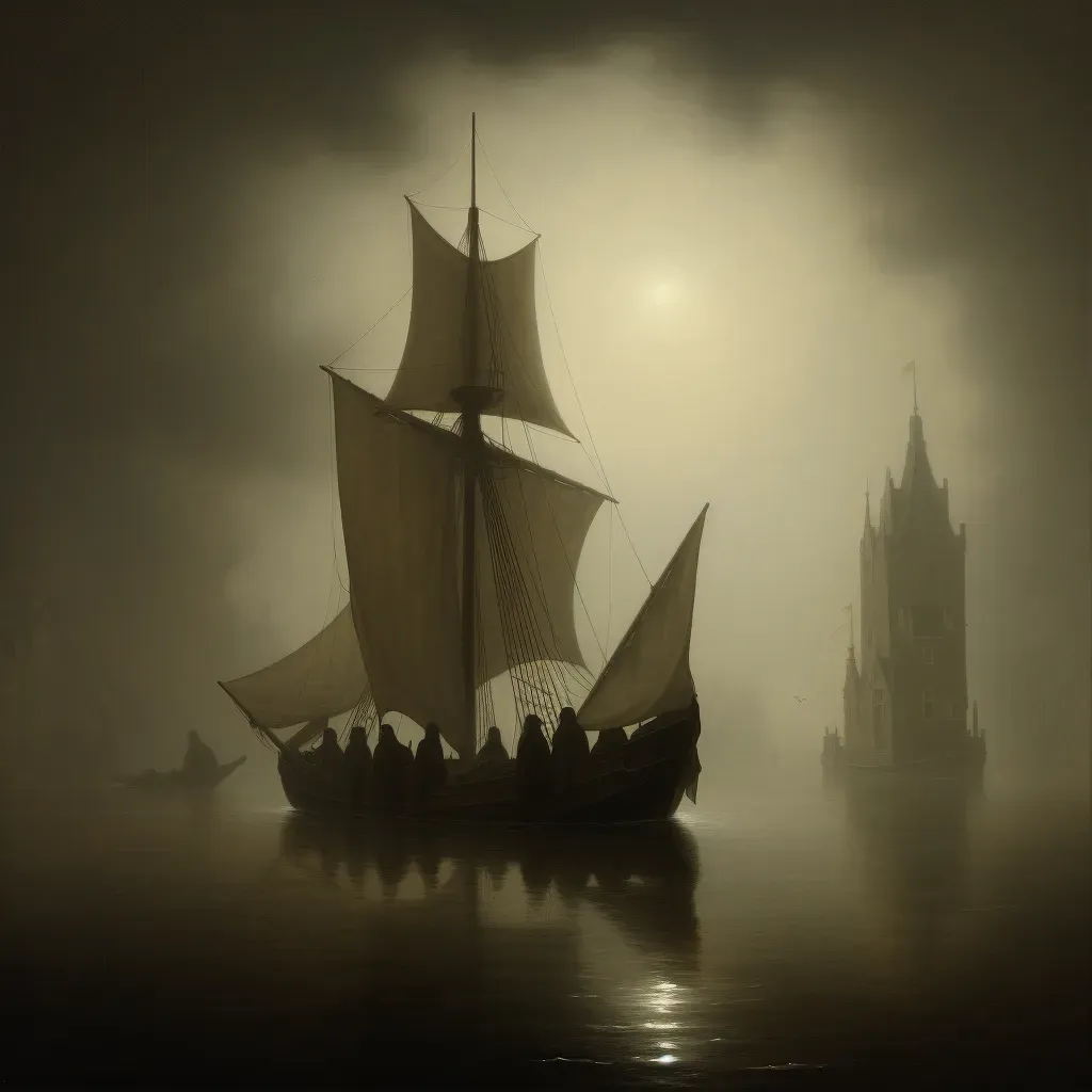 Ghostly Ship Sailing in Foggy Waters