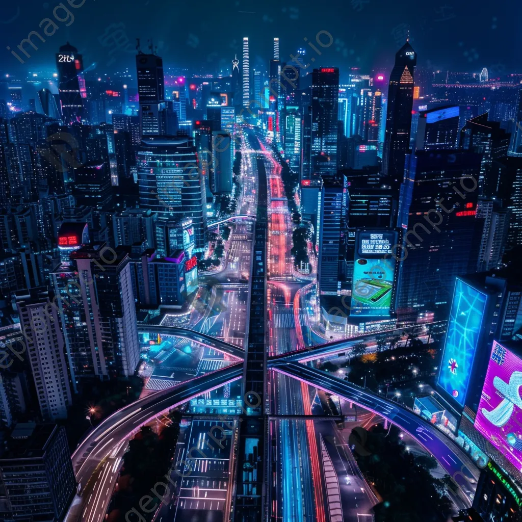 Aerial view of a futuristic city at night with AI billboards - Image 1