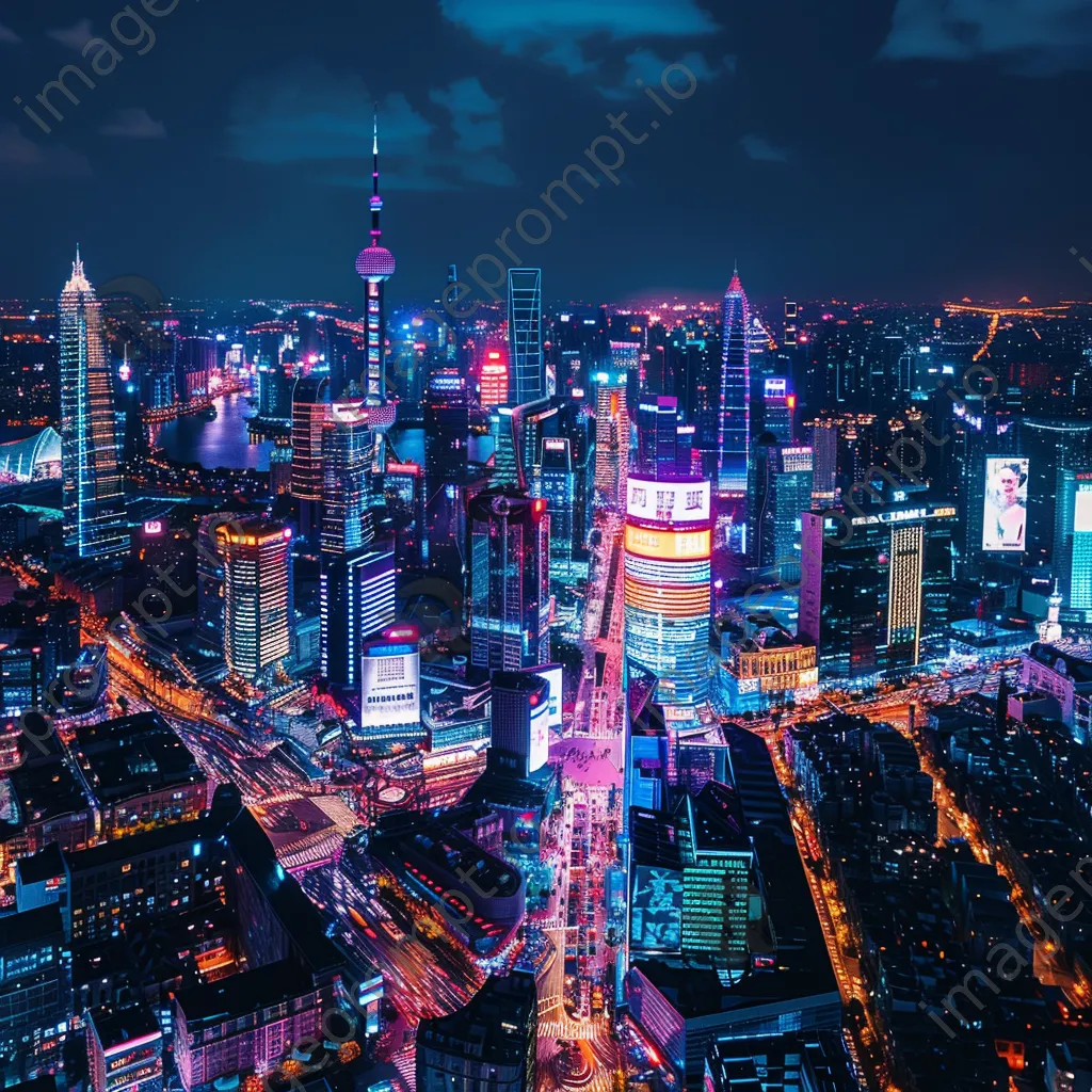 Aerial view of a futuristic city at night with AI billboards - Image 3