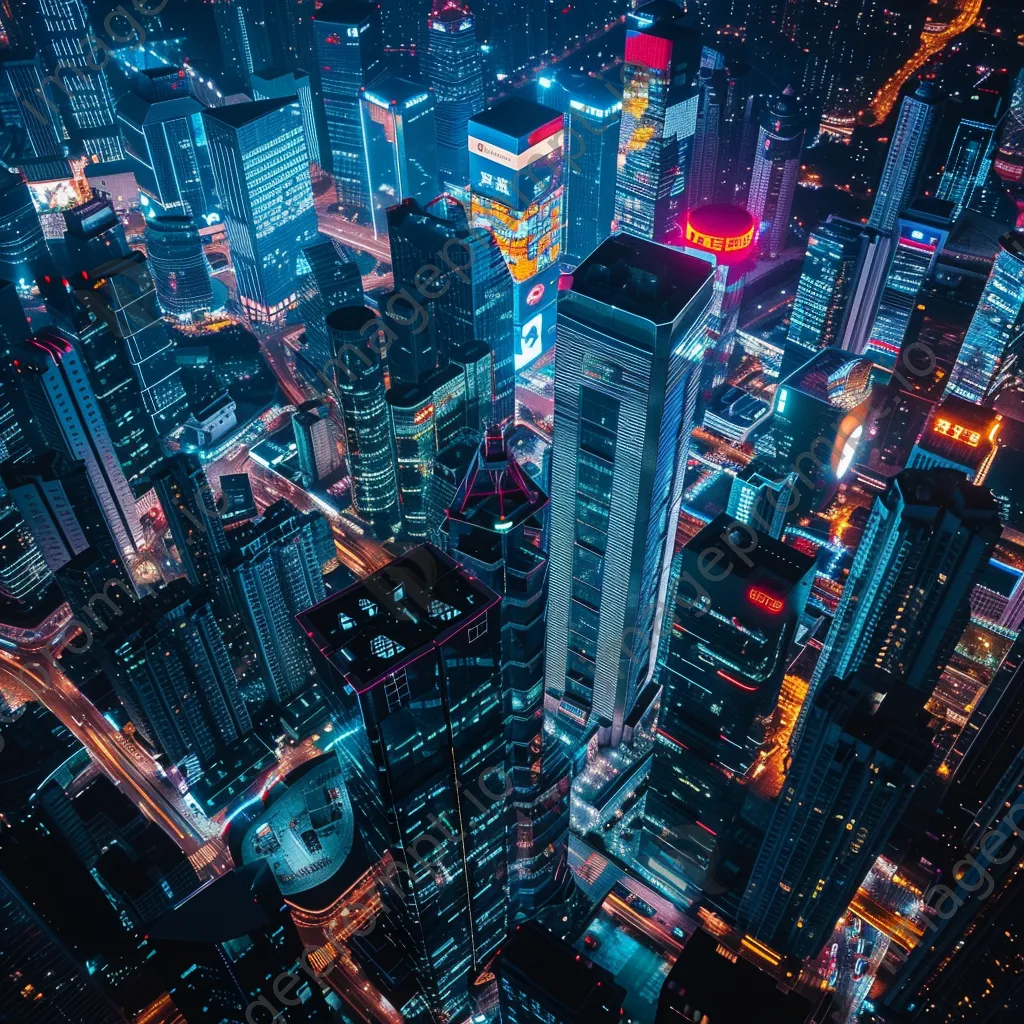 Aerial view of a futuristic city at night with AI billboards - Image 4