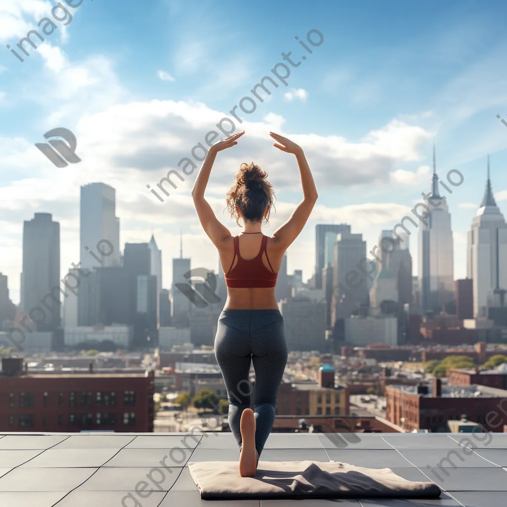 Two friends practicing yoga poses on a rooftop. - Image 1