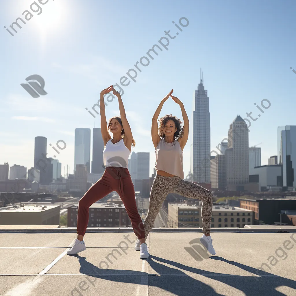 Two friends practicing yoga poses on a rooftop. - Image 2