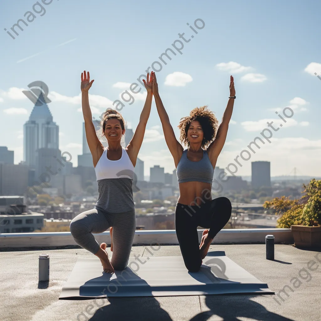 Two friends practicing yoga poses on a rooftop. - Image 3