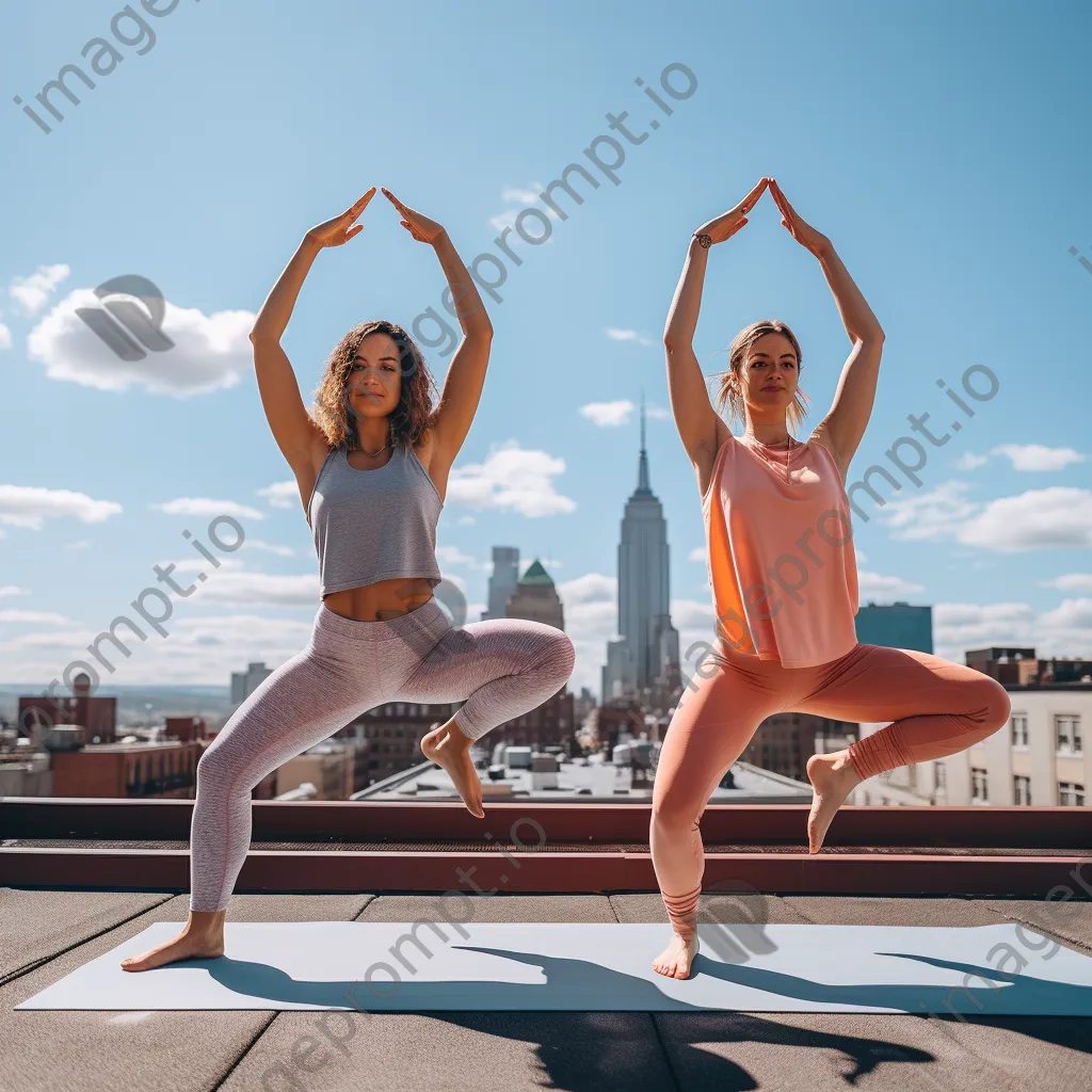 Two friends practicing yoga poses on a rooftop. - Image 4