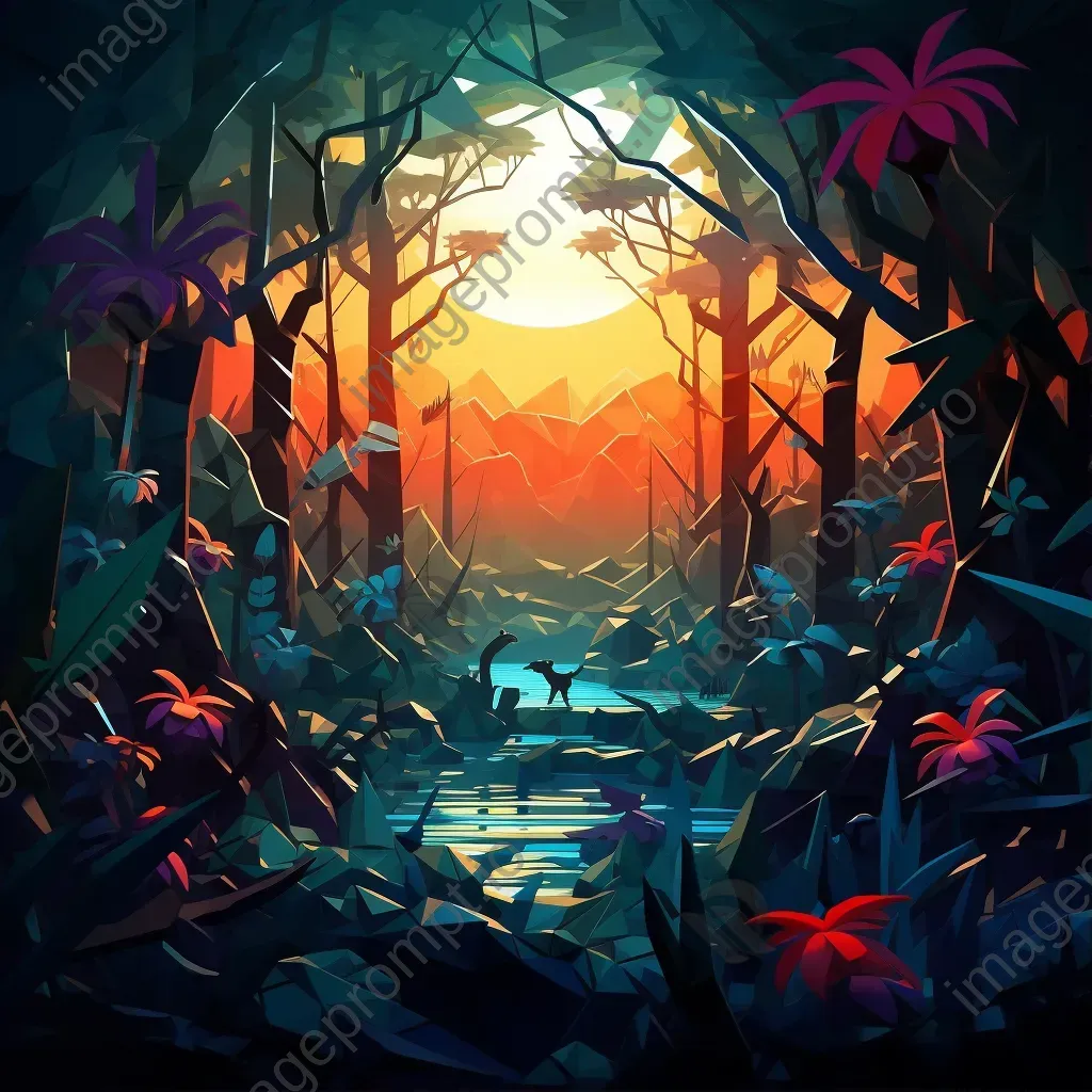 Low poly depiction of a dense jungle with vibrant colors and light effects - Image 1