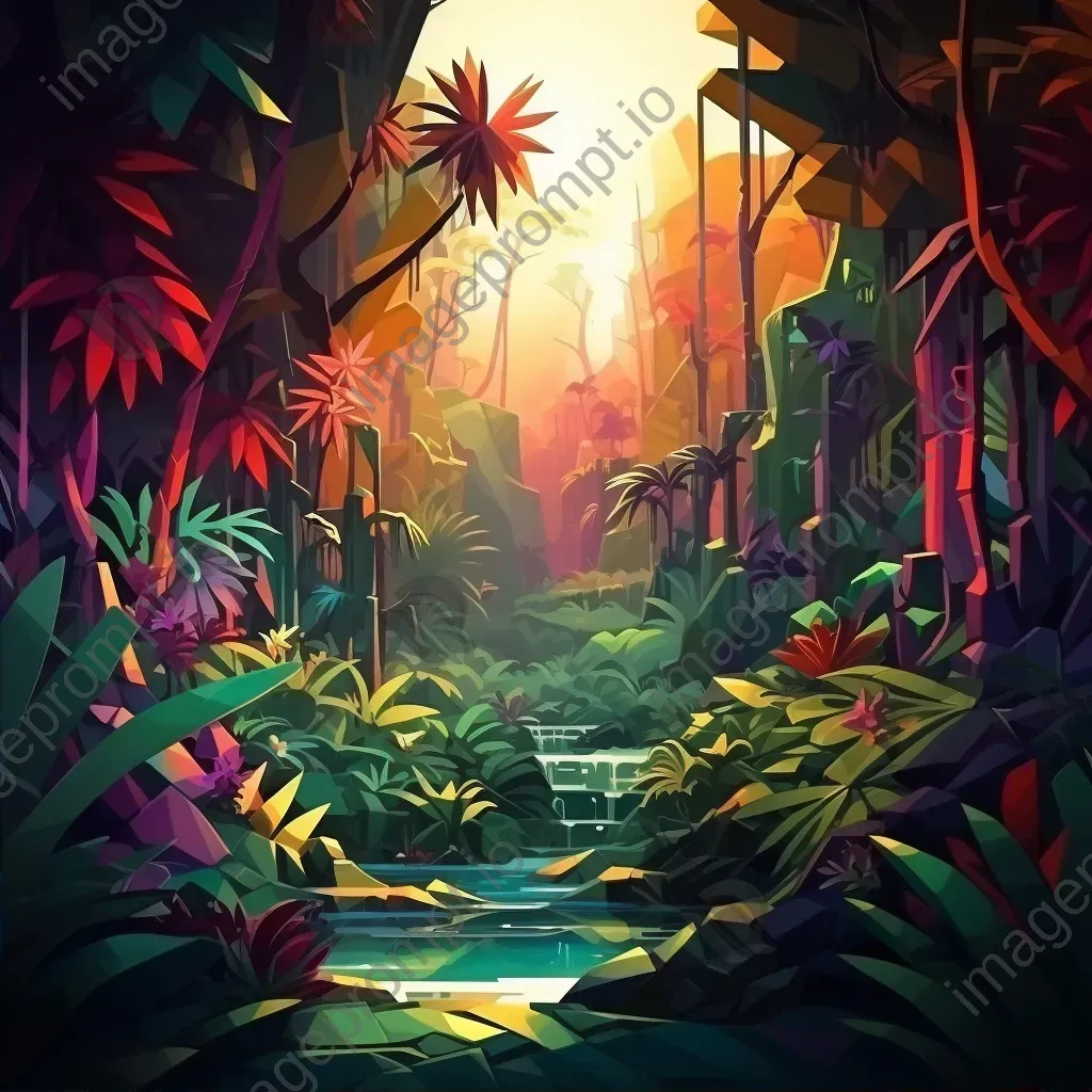 Low poly depiction of a dense jungle with vibrant colors and light effects - Image 2