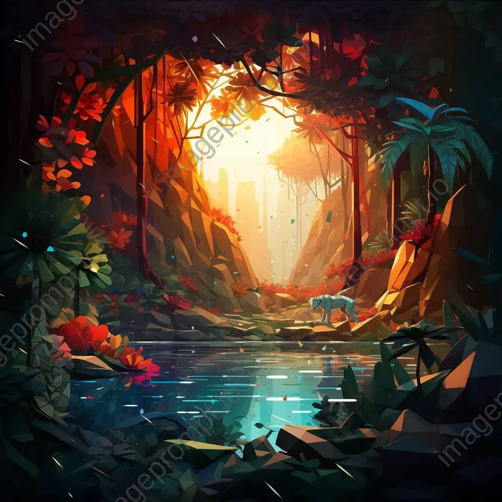 Low poly depiction of a dense jungle with vibrant colors and light effects - Image 3