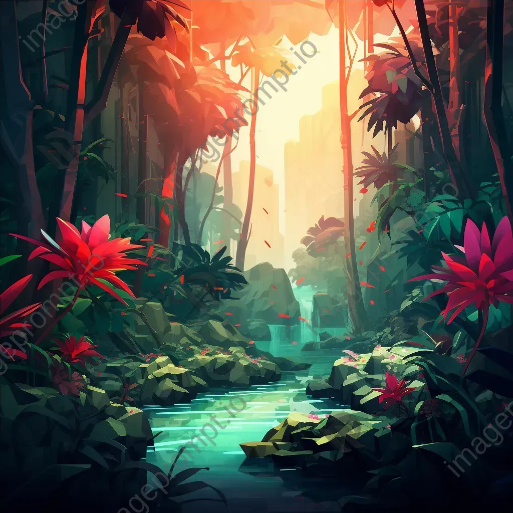 Low poly depiction of a dense jungle with vibrant colors and light effects - Image 4