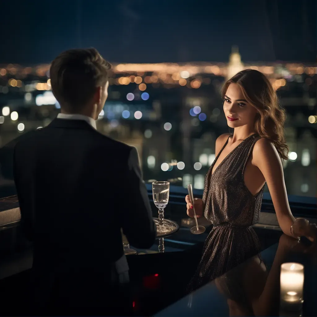 Luxurious rooftop bar with stylish decor overlooking city lights at night - Image 1