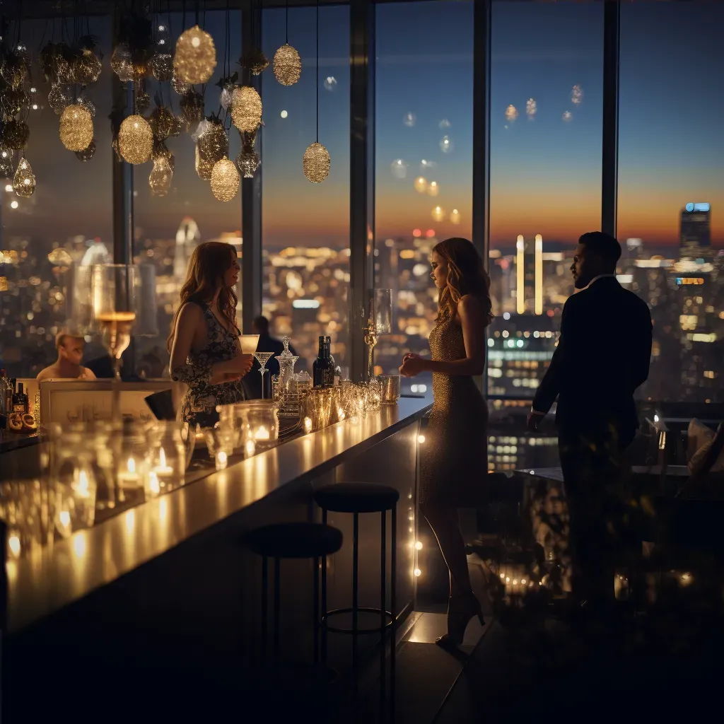 Luxurious rooftop bar with stylish decor overlooking city lights at night - Image 4