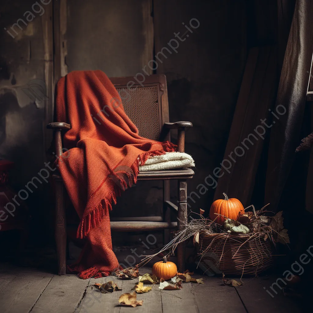 Rustic chair surrounded by colorful autumn leaves and a pumpkin - Image 1