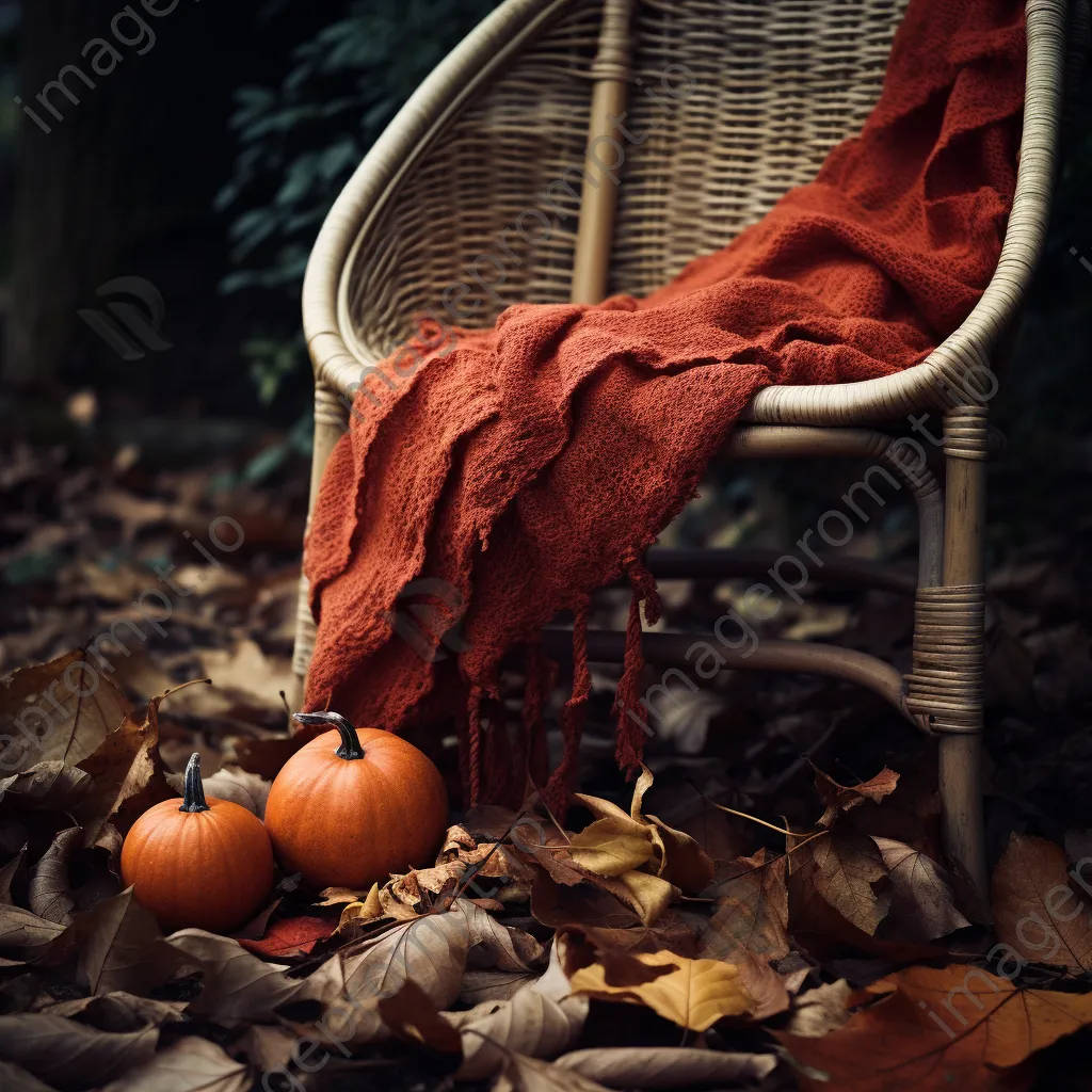 Rustic chair surrounded by colorful autumn leaves and a pumpkin - Image 2