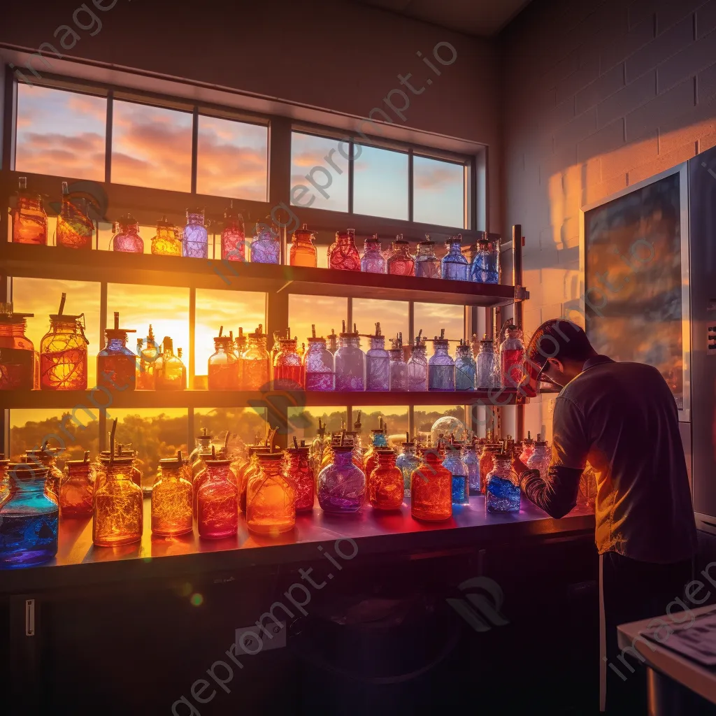 Laboratory with colorful reagents and scientist pouring solutions. - Image 1