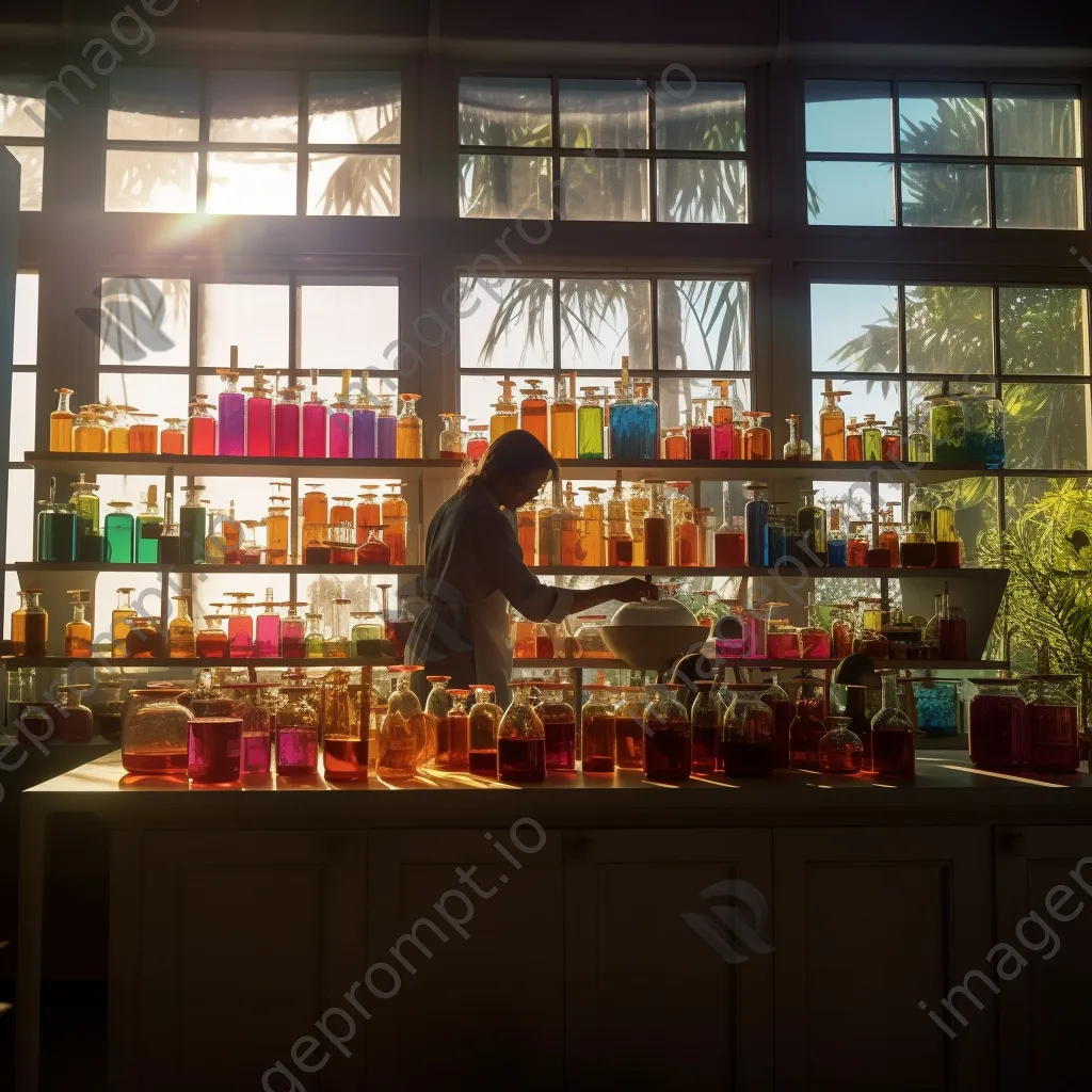 Laboratory with colorful reagents and scientist pouring solutions. - Image 2