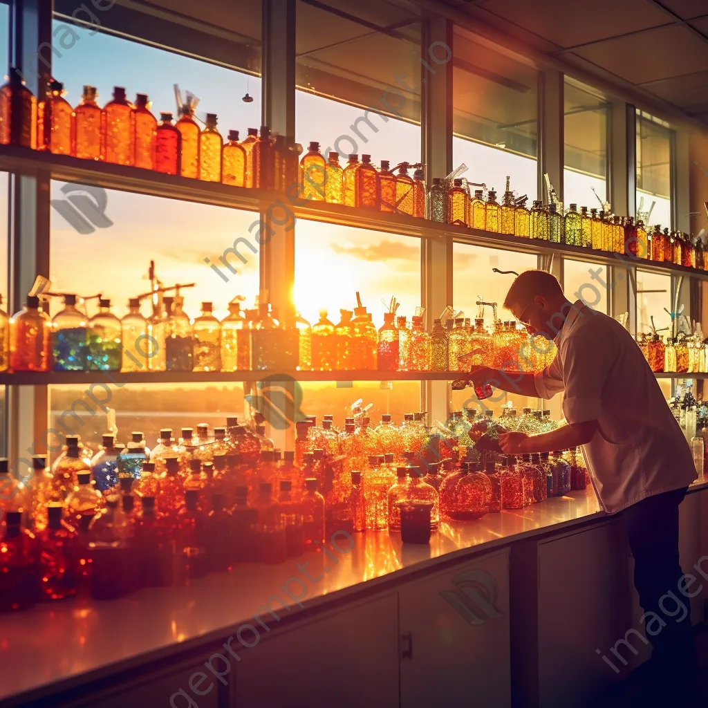 Laboratory with colorful reagents and scientist pouring solutions. - Image 3