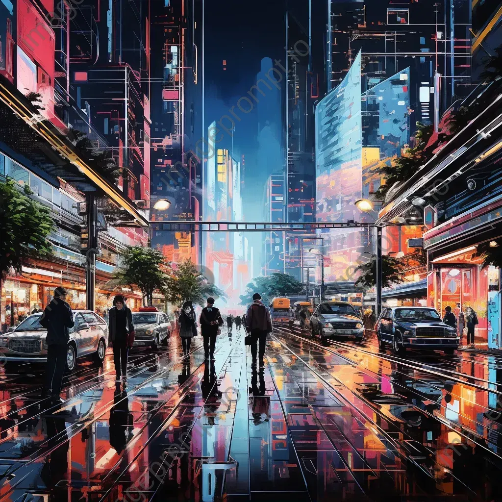 Futuristic, holographic cityscape basking in Neo-Tokyo aesthetics to illustrate the concept of Simulacra and Simulation - Image 1